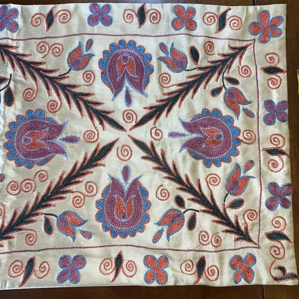 Handmade Embroidered Pillow Cover 3D Bright Floral Vine 17 X 34.5” Boho Cottage